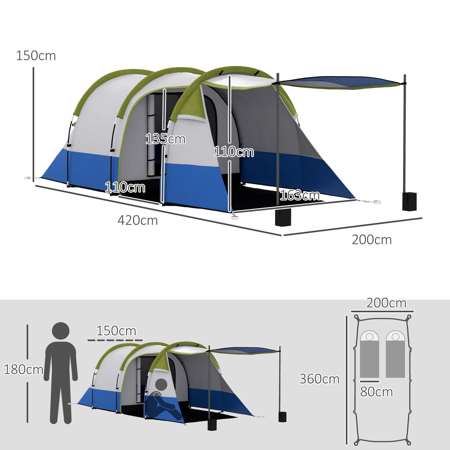 Tenda da campeggio impermeabile con 2 aree e 3 ingressi, in poliestere e fibra di vetro, 420x200x150 cm, verde - 