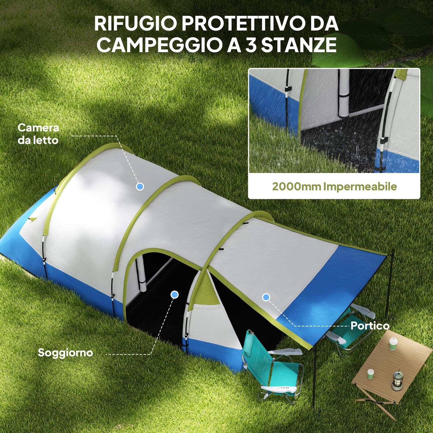 Tenda da campeggio impermeabile con 2 aree e 3 ingressi, in poliestere e fibra di vetro, 420x200x150 cm, verde - 