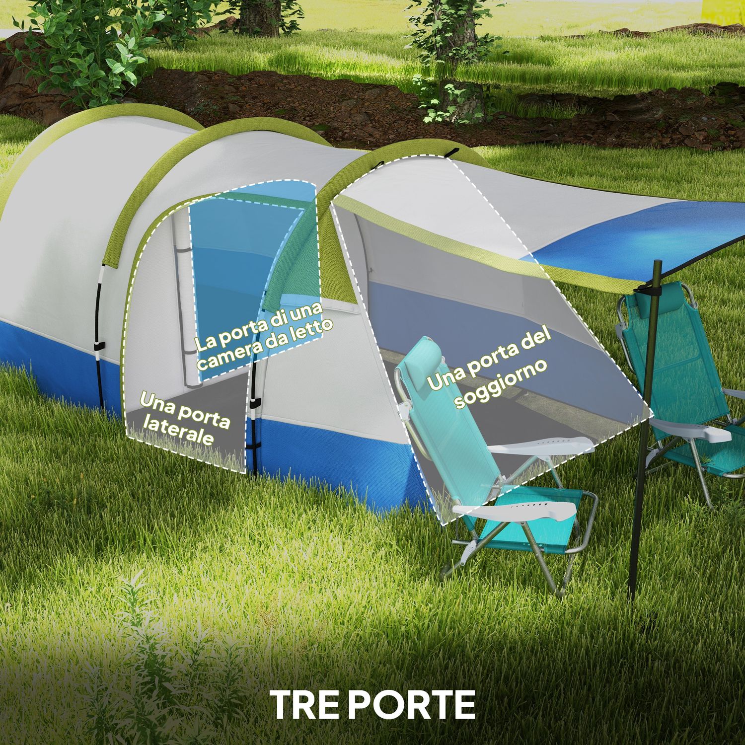 Tenda da campeggio impermeabile con 2 aree e 3 ingressi, in poliestere e fibra di vetro, 420x200x150 cm, verde - 