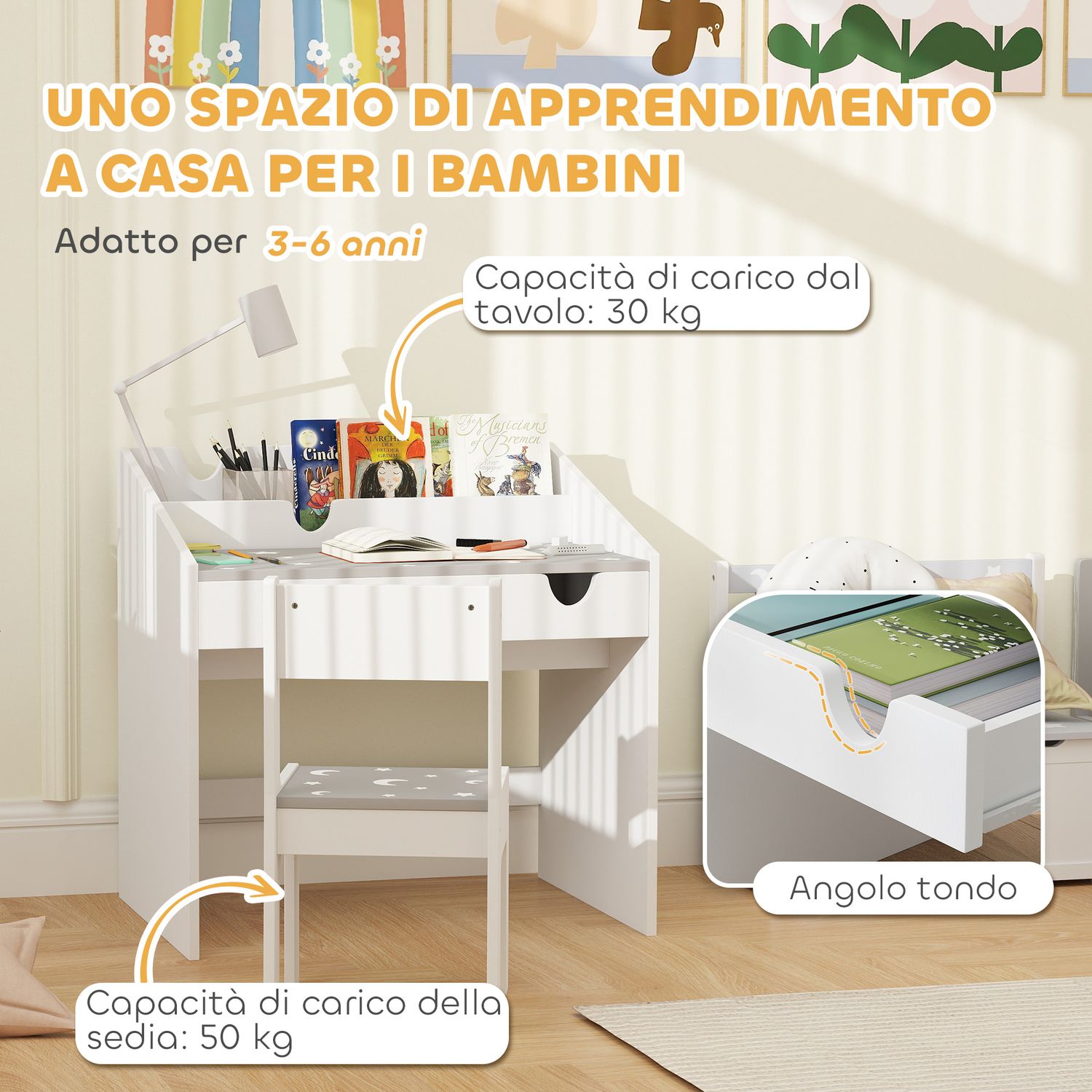 Set sedia e tavolino per bambini 3-6 anni con organizzatore e cassetto estraibile, in legno grigio - 