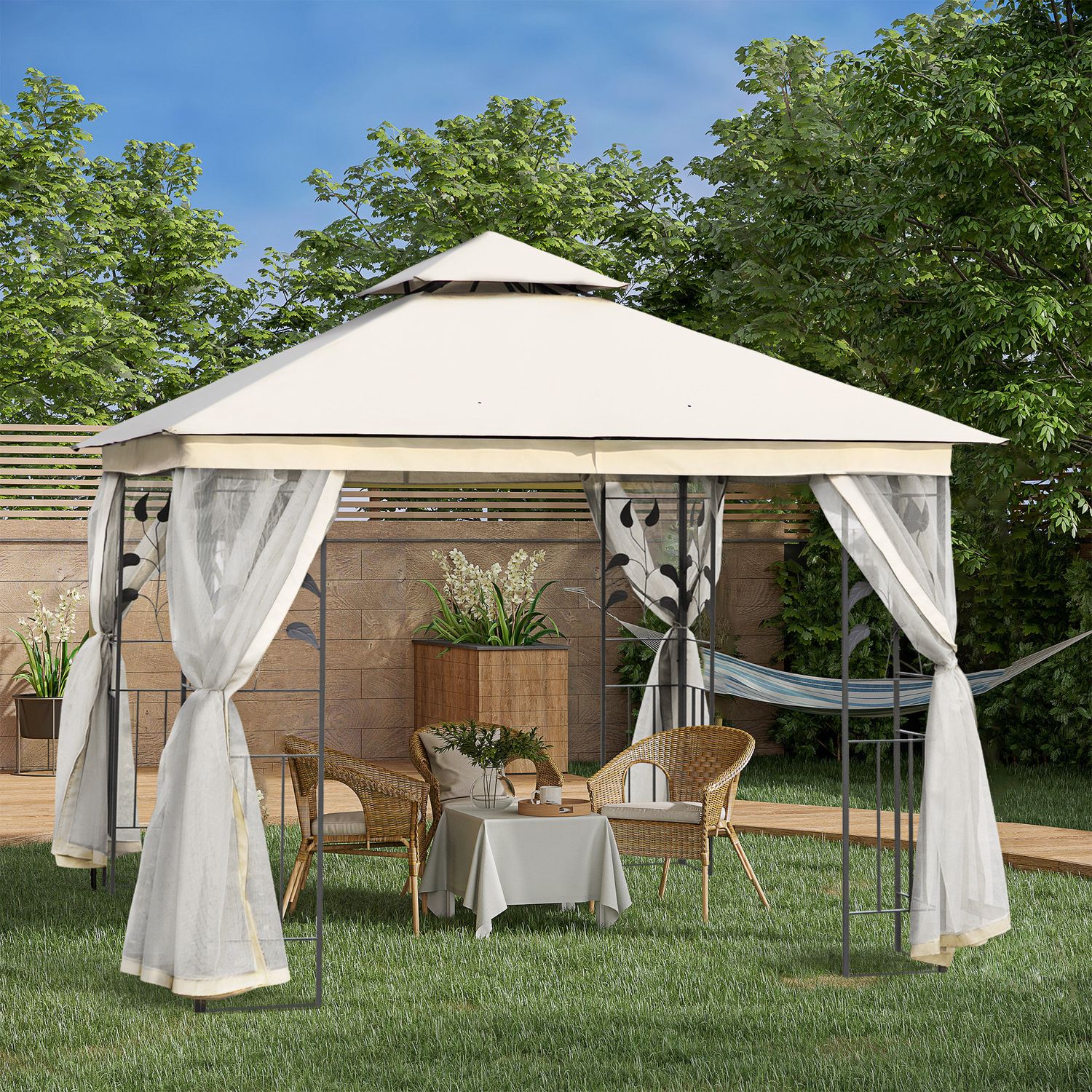 Gazebo da giardino 3x3m con zanzariera, telaio in acciaio e doppio tettuccio, bianco - 