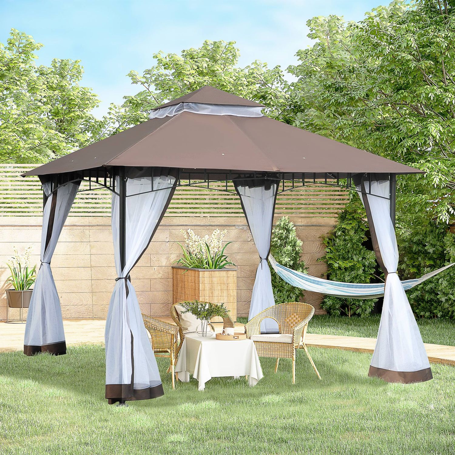 Gazebo da giardino 3x3m con zanzariera, tetto a 2 livelli e struttura in metallo marrone - 