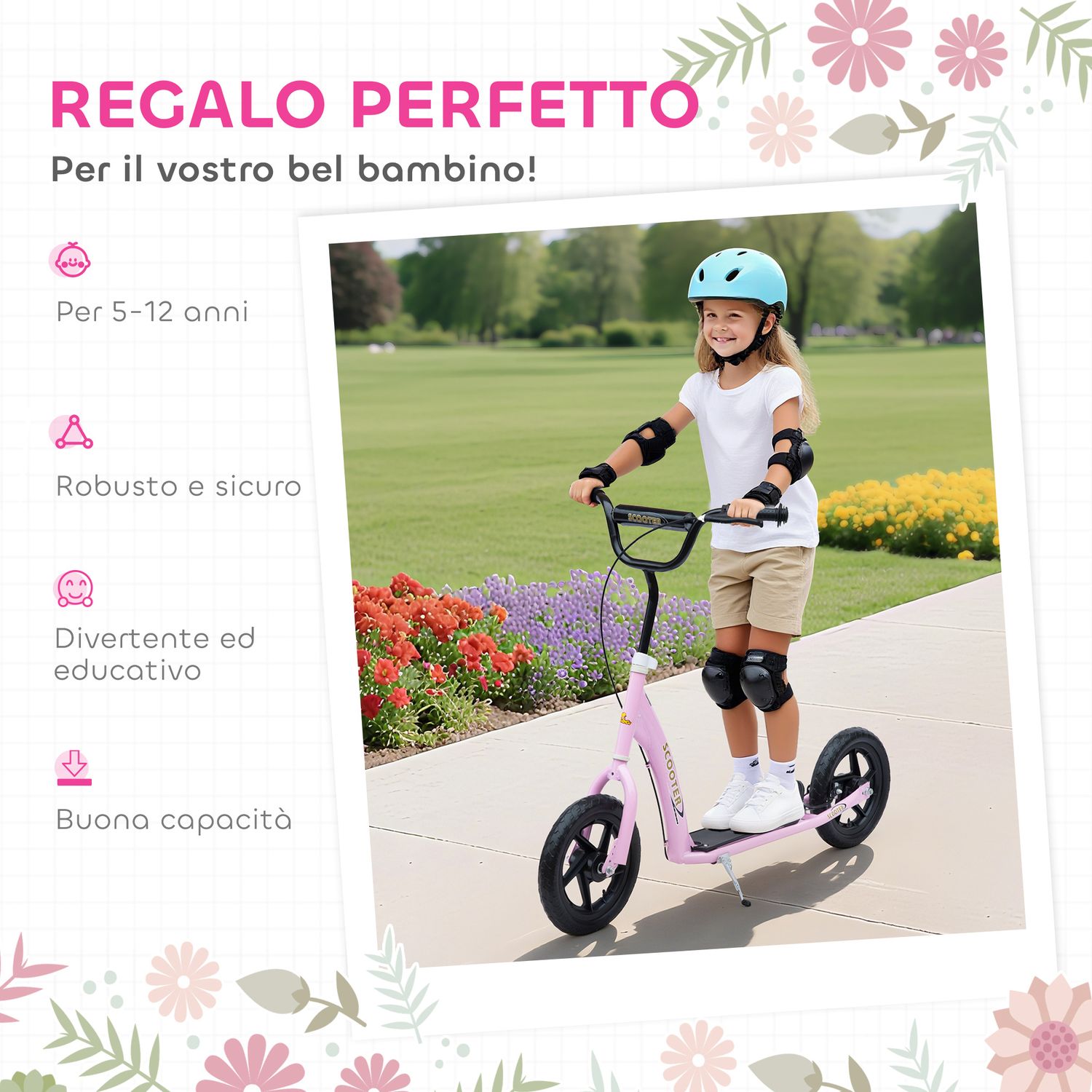 Monopattino per bambini 5-12 anni con freno posteriore e manubrio regolabile, 120x52x80-88 cm, rosa - 