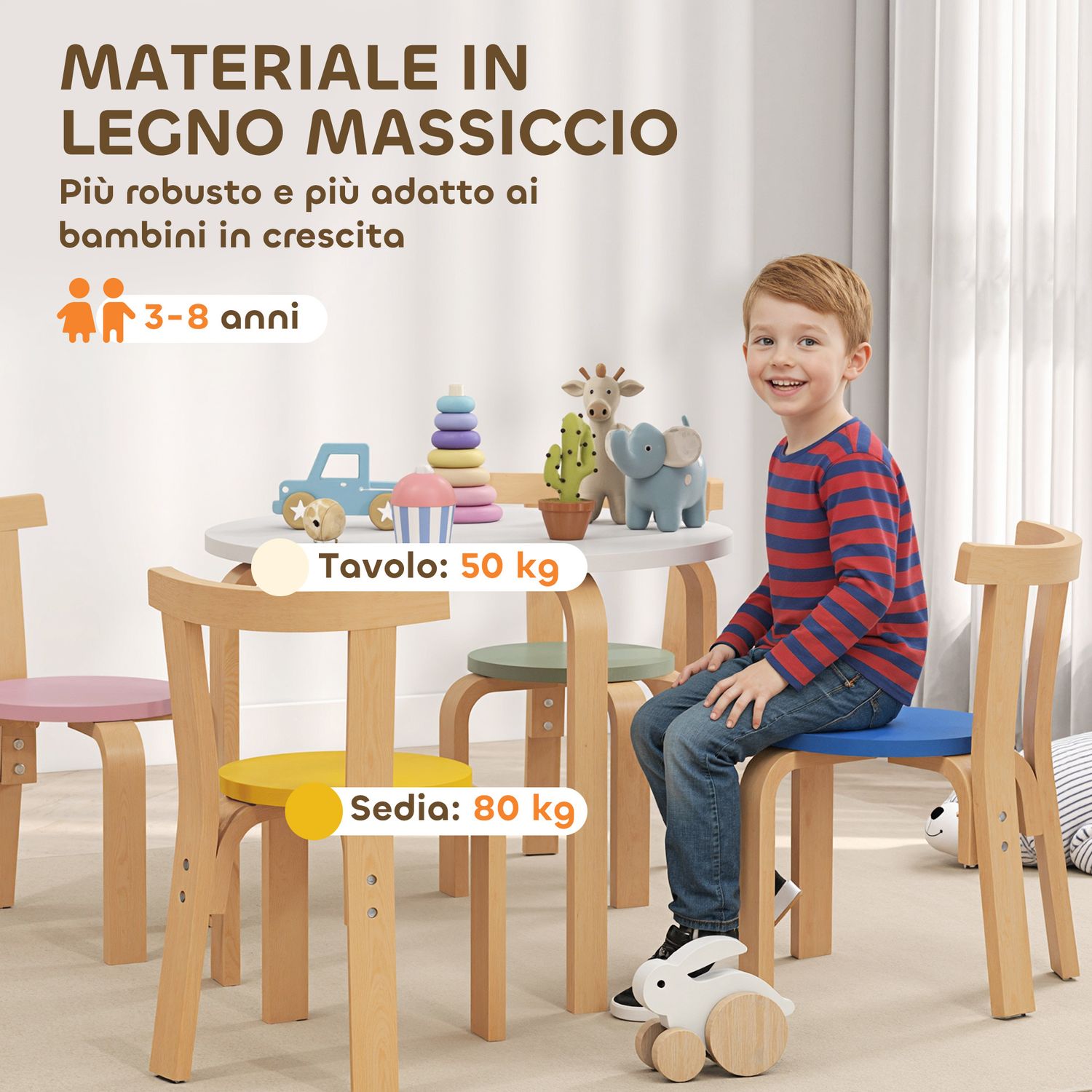 Set tavolo e sedie per bambini 3-8 anni 5 pz con bordi arrotondati in legno multicolore - 