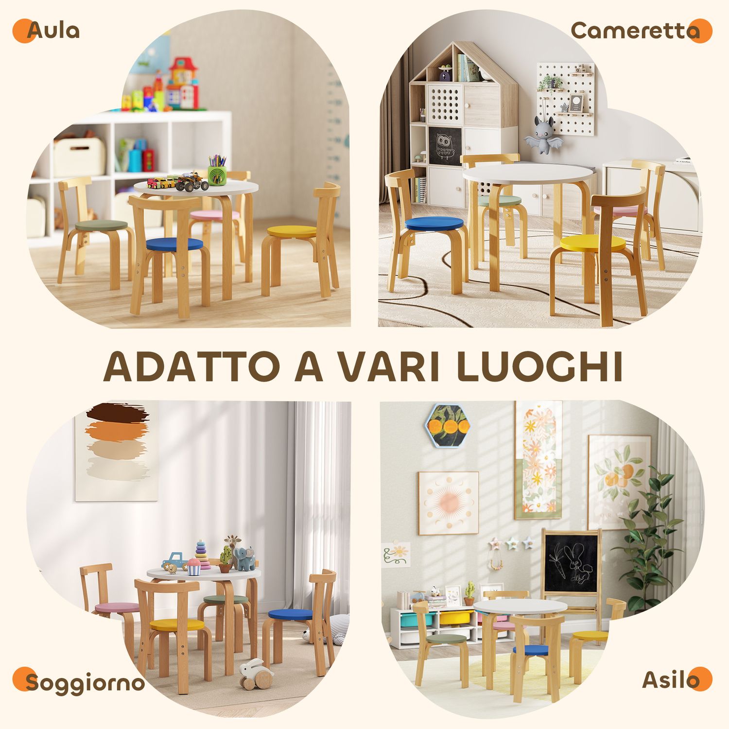Set tavolo e sedie per bambini 3-8 anni 5 pz con bordi arrotondati in legno multicolore - 