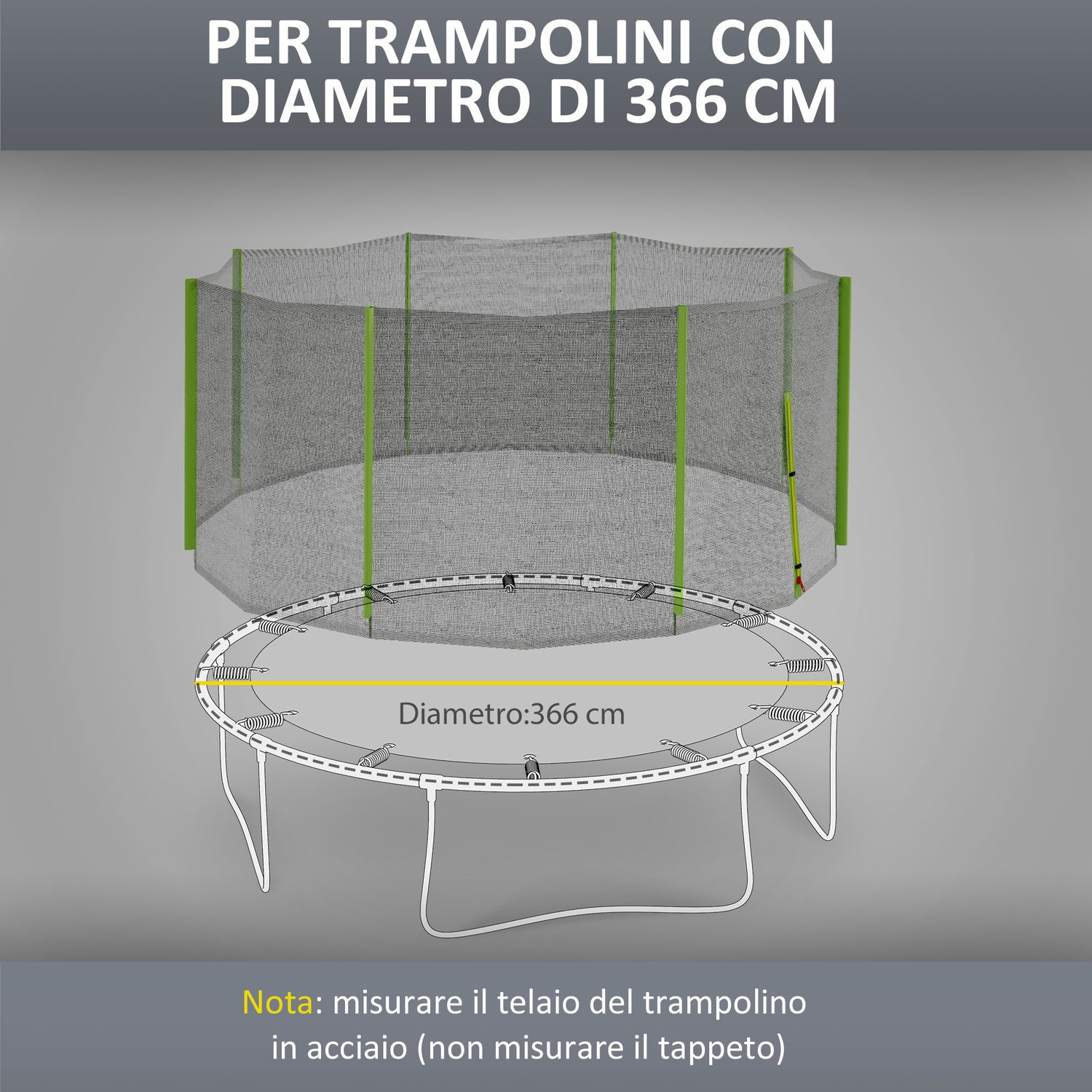 Rete di protezione per trampolini a 8 pali con ingresso con cerniera, in pe, ø366x180 cm, nero e verde - 