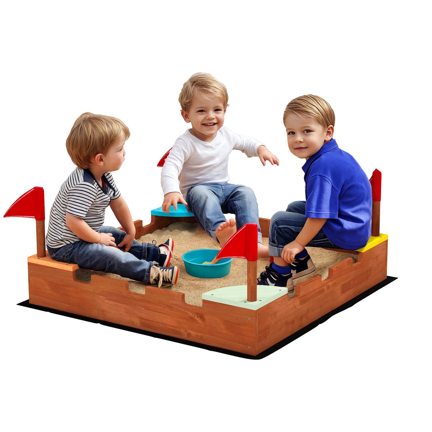 Sabbiera per bambini 3-7 anni a forma di castello con 4 sedute in legno di abete, 90x90x17 cm, multicolore - 