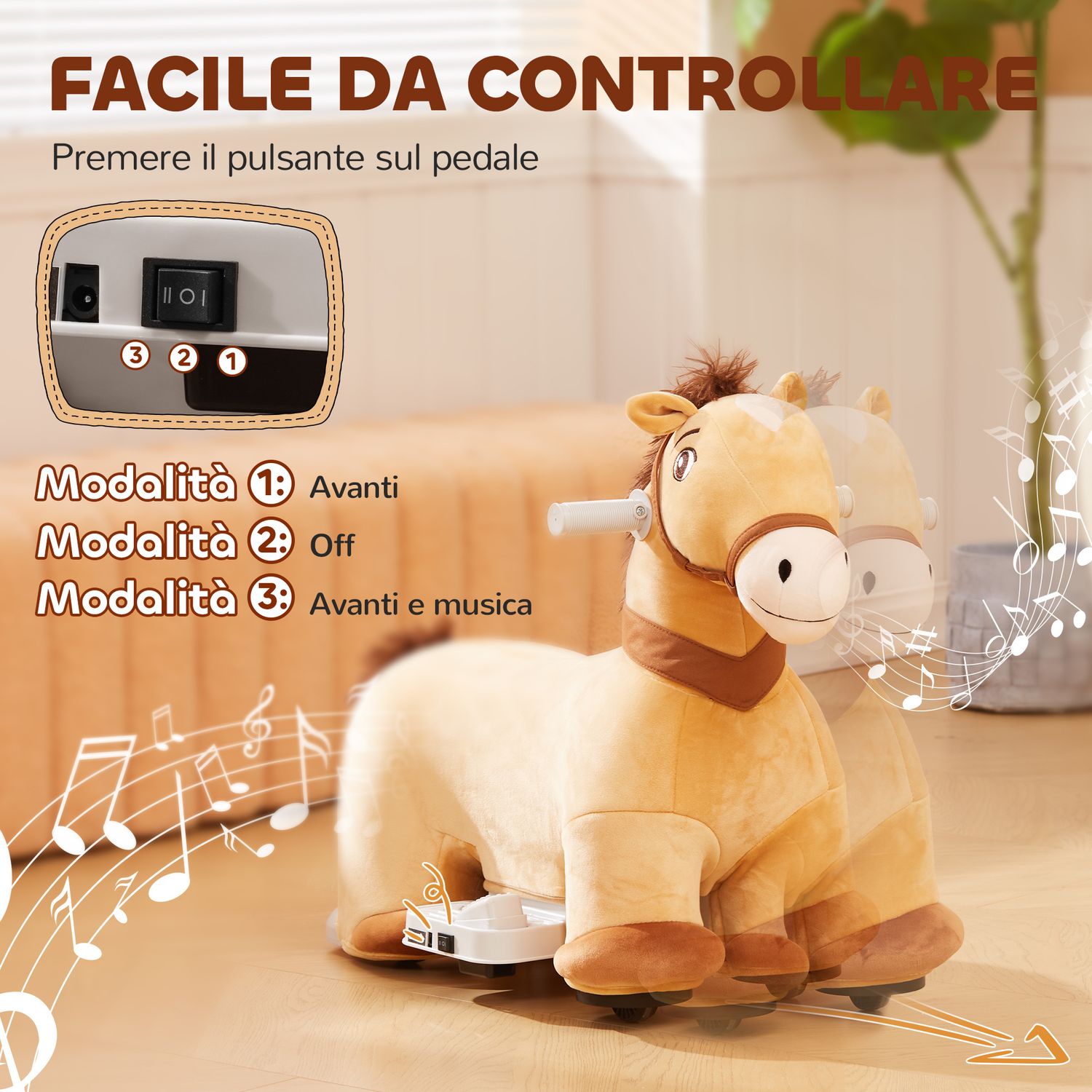 Cavallo cavalcabile elettrico 6v per bambini da 18-36 mesi con ruote in pu e musica, marrone - 