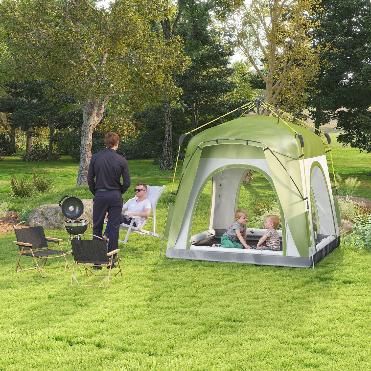 Tenda da campeggio 2 posti pop up con porta a cerniera e 3 finestre, 240x240x199 cm, verde - 
