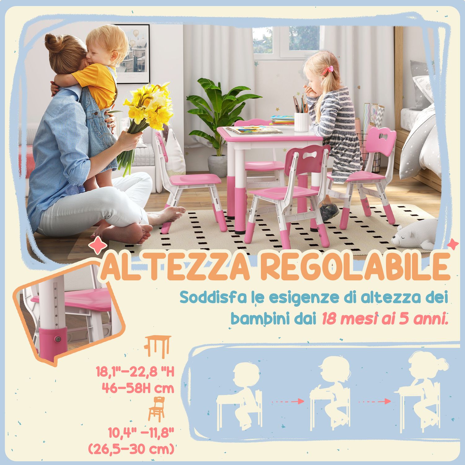 Set tavolo e sedie per bambini 5pz con 4 sedie regolabili 32x36x52.5-56 cm e tavolo 60x60x46-58 cm, rosa - 