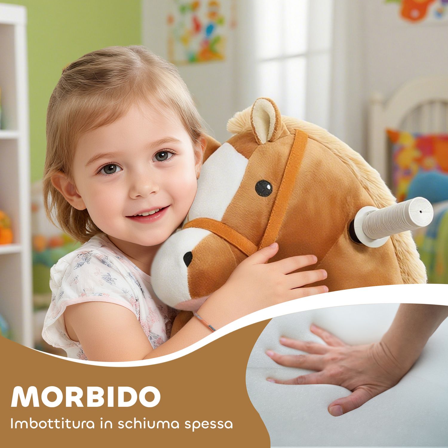 Cavallo elettrico per bambini con pedali, rotelle e suoni, in peluche e metallo, 74x34x51 cm, marrone - 