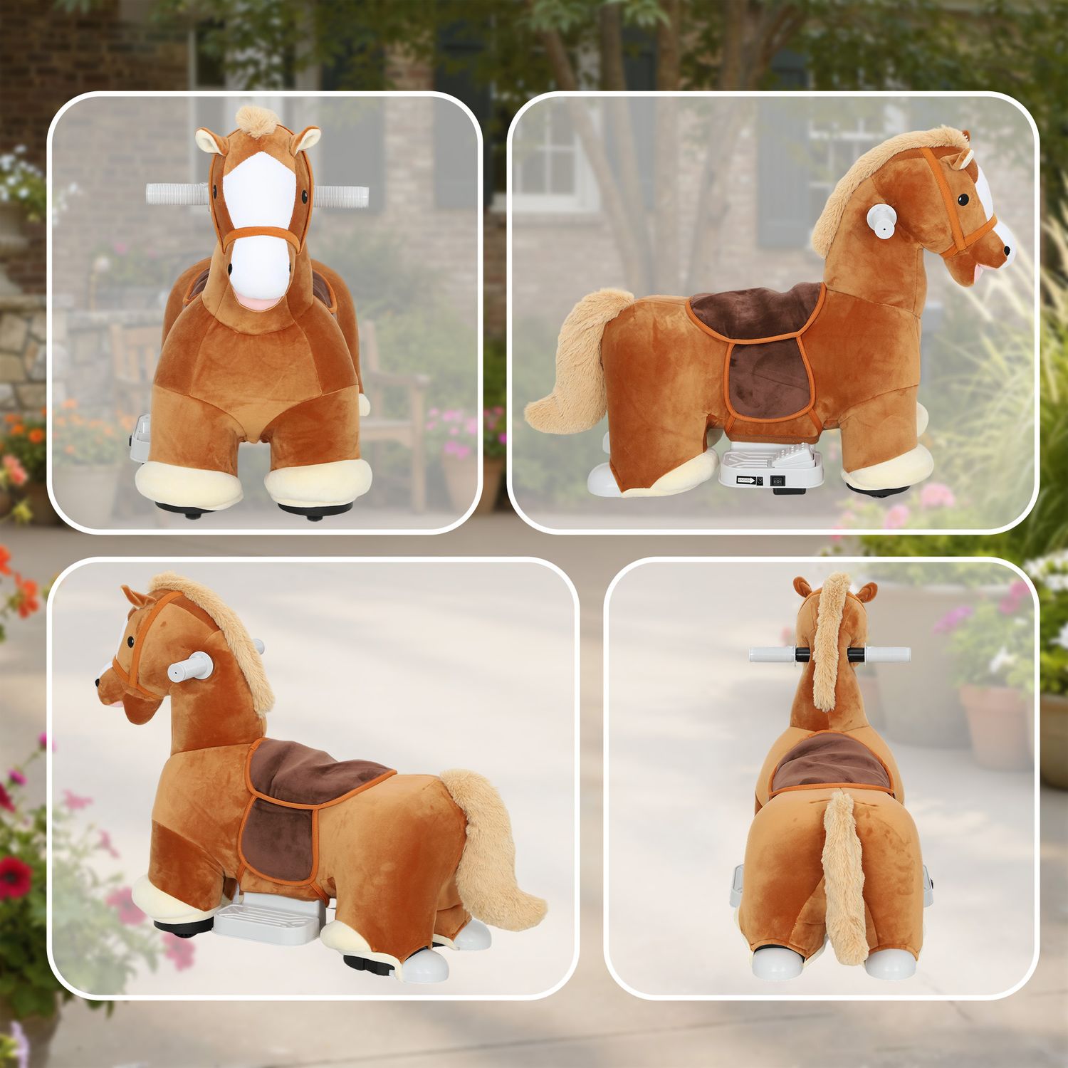 Cavallo elettrico per bambini con pedali, rotelle e suoni, in peluche e metallo, 74x34x51 cm, marrone - 