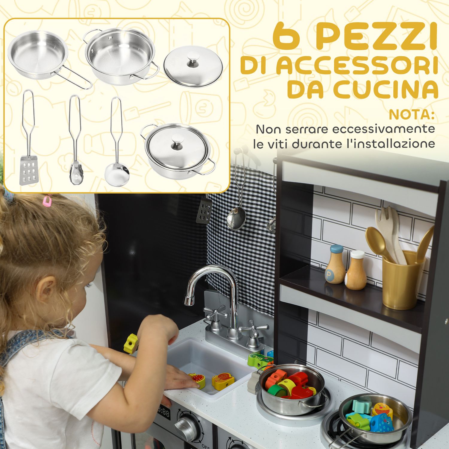 Cucina giocattolo per bambini 3-8 anni in legno con accessori, frigo, lavandino e manopole con suoni, marrone - 