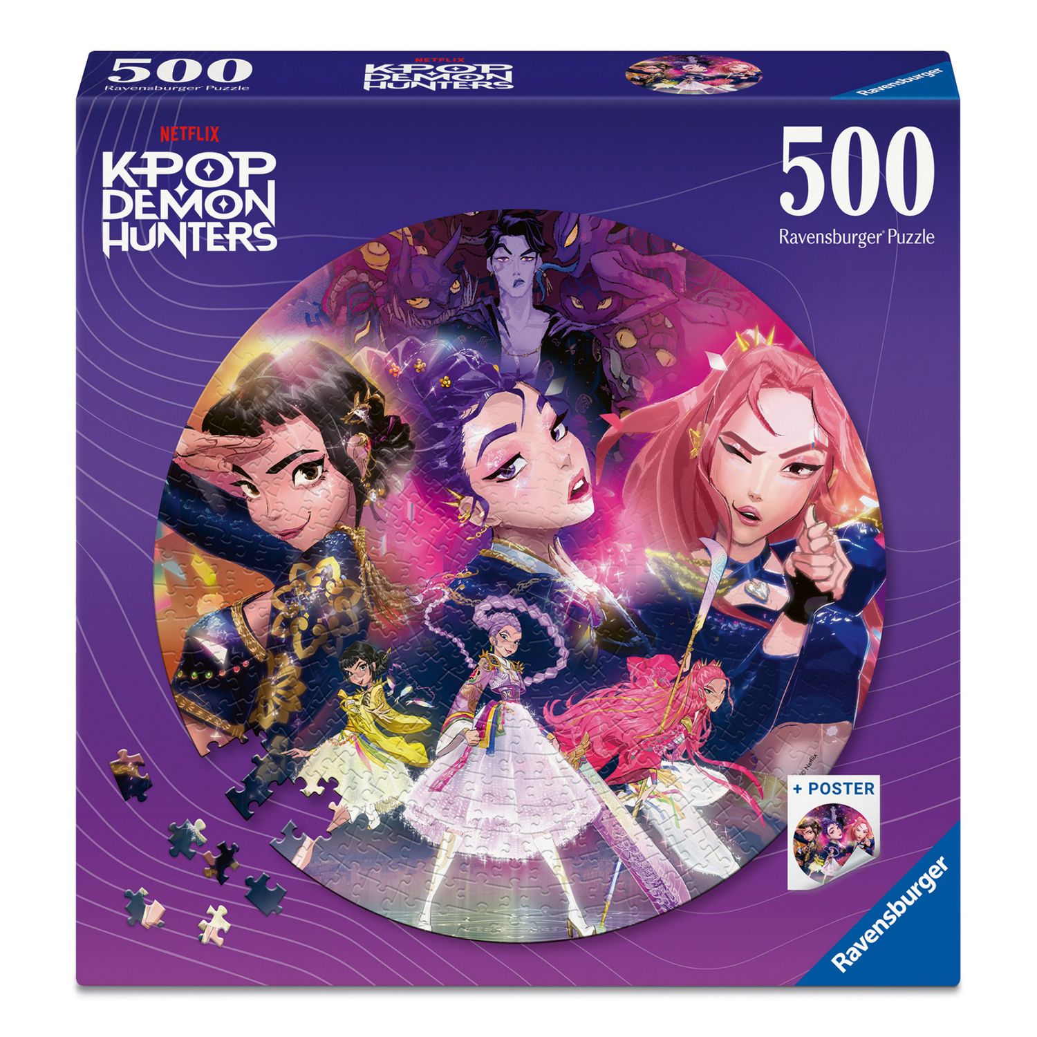 Ravensburger - puzzle 500 pezzi circolare k-pop demon hunters, puzzle adulti 52x52cm, include poster decorativo k-pop - K-POP DEMON HUNTERS