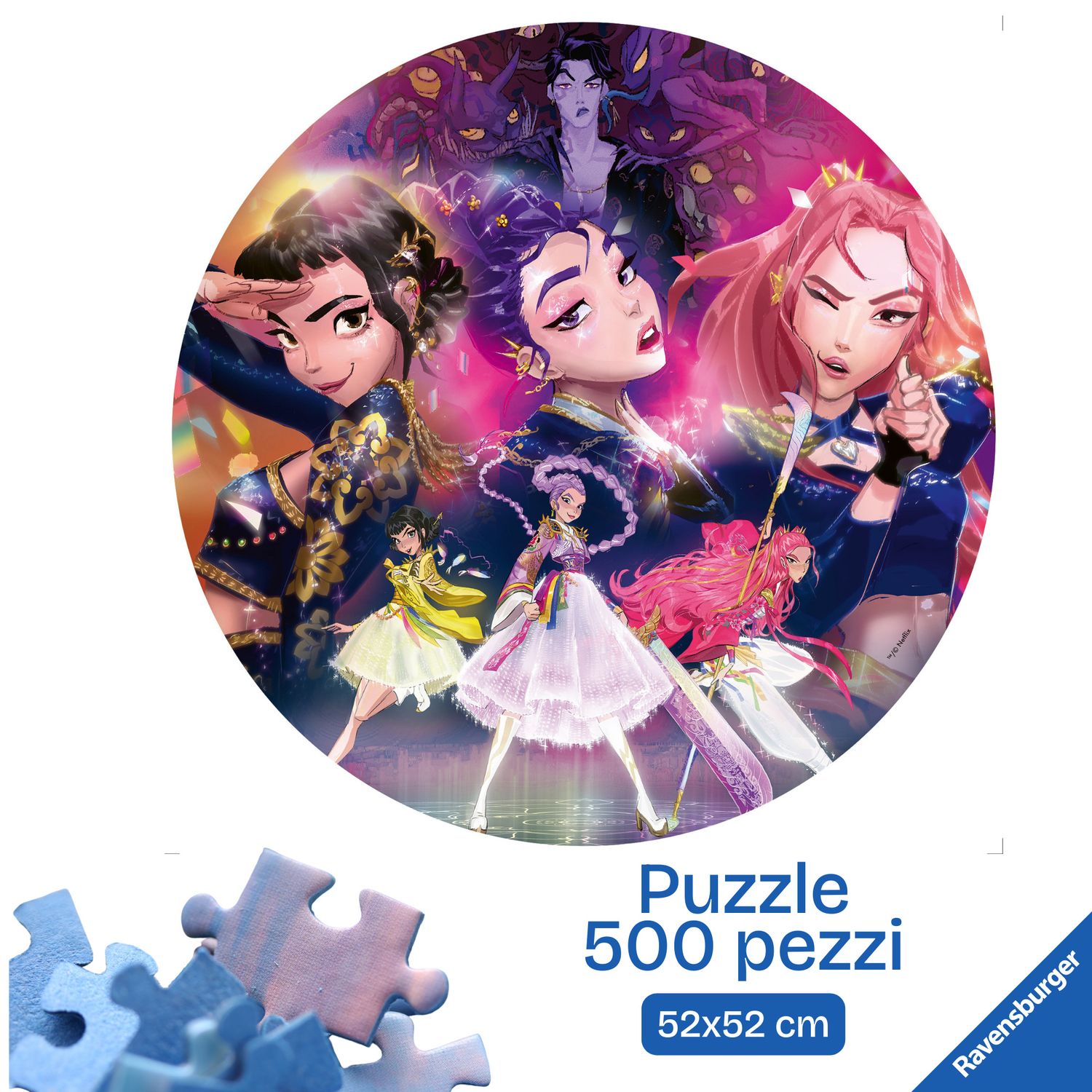 Ravensburger - puzzle 500 pezzi circolare k-pop demon hunters, puzzle adulti 52x52cm, include poster decorativo k-pop - K-POP DEMON HUNTERS