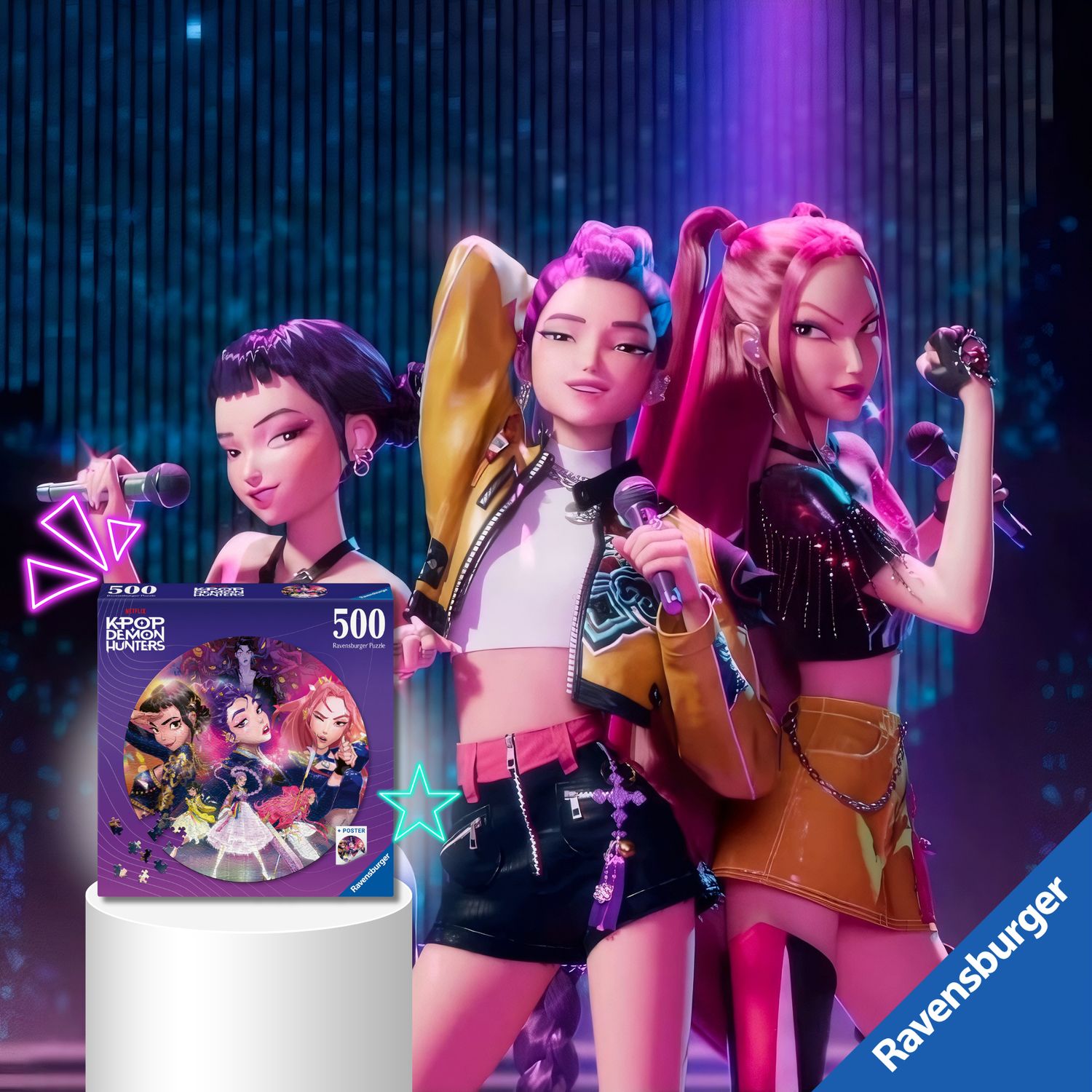Ravensburger - puzzle 500 pezzi circolare k-pop demon hunters, puzzle adulti 52x52cm, include poster decorativo k-pop - K-POP DEMON HUNTERS