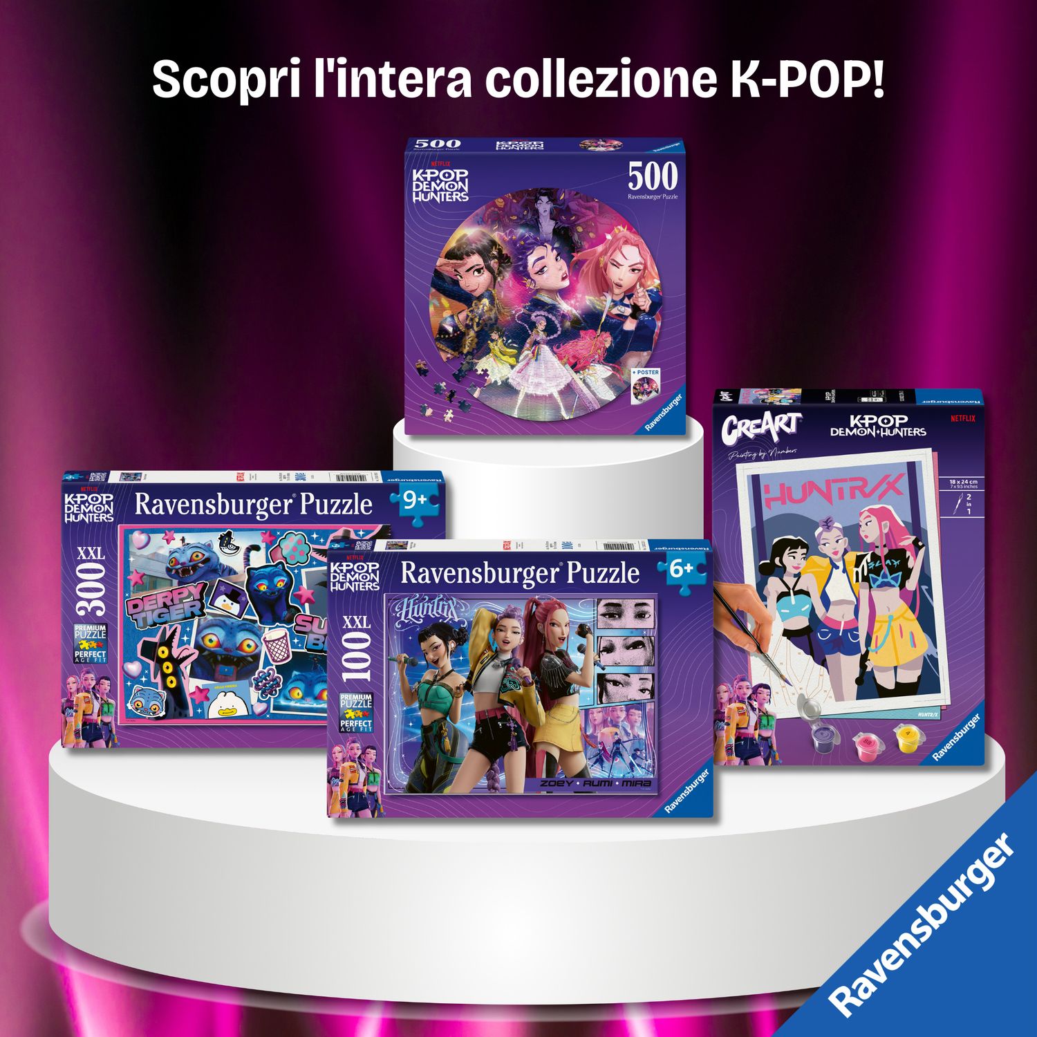 Ravensburger - puzzle 500 pezzi circolare k-pop demon hunters, puzzle adulti 52x52cm, include poster decorativo k-pop - K-POP DEMON HUNTERS