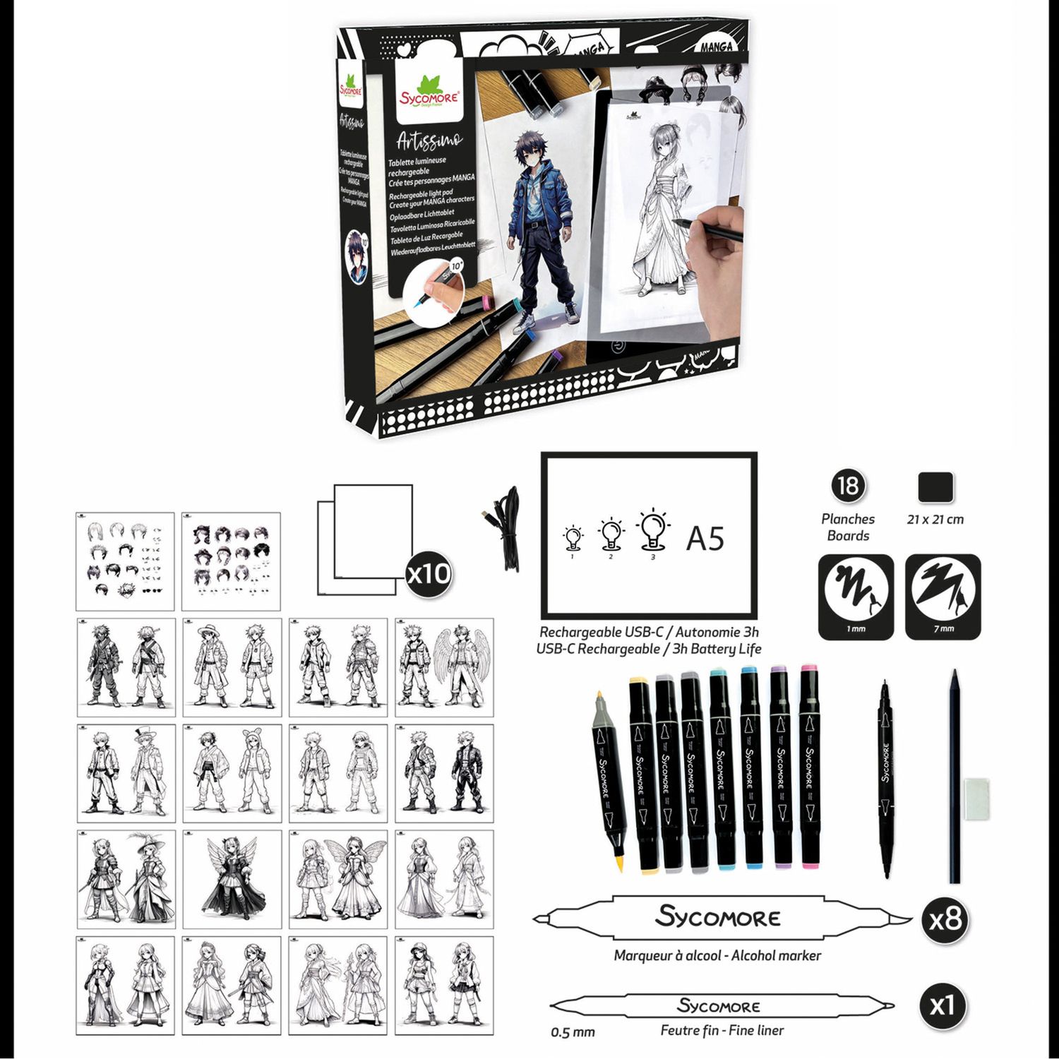 Sycomore - manga - scuola di personaggi - tavola led a5 e pennarelli - NO BRAND
