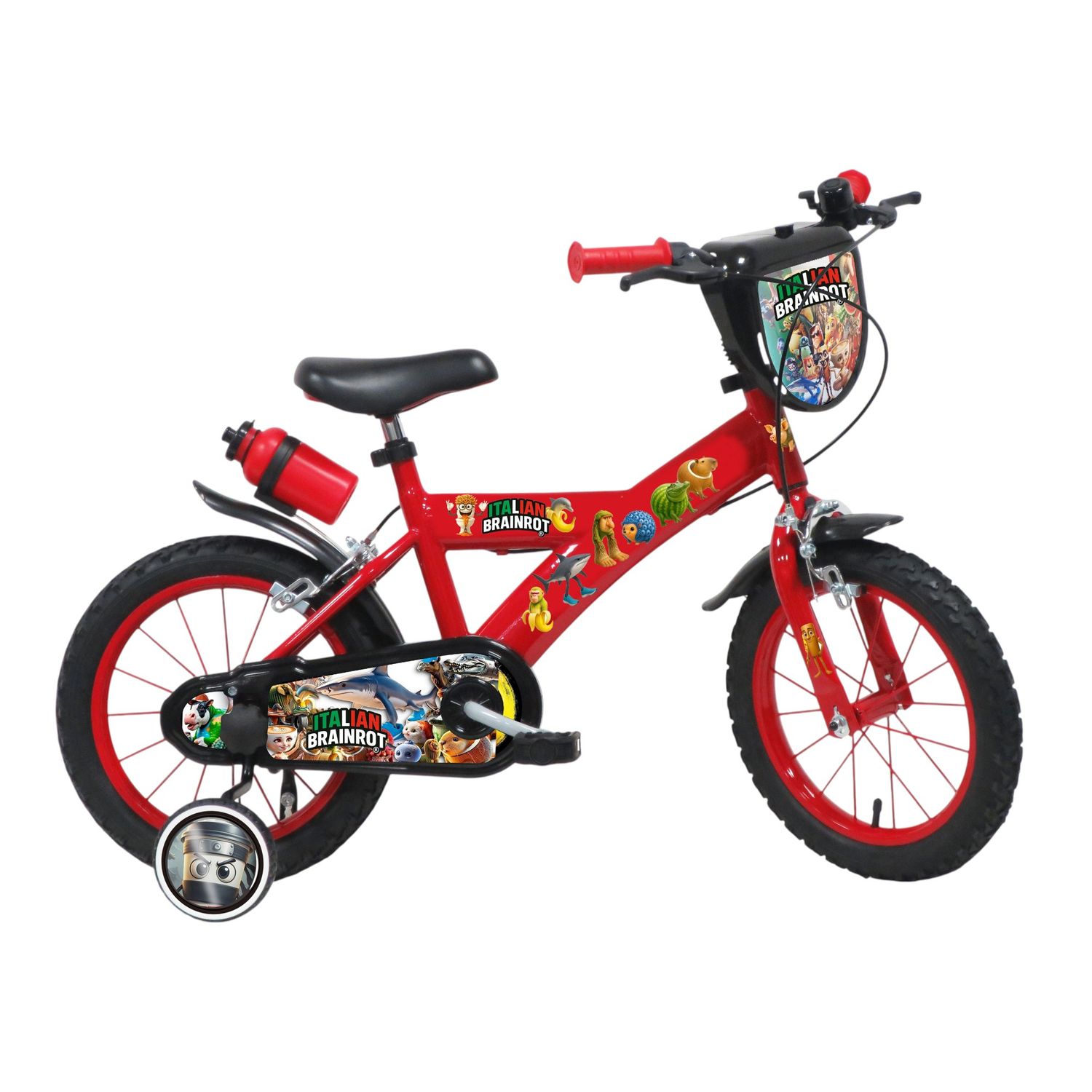 Bicicletta da 14 pollici di brainrot. ideale per bambini di età tra i 3 e i 5 anni. con trombetta, borraccia e scudo anteriore - 