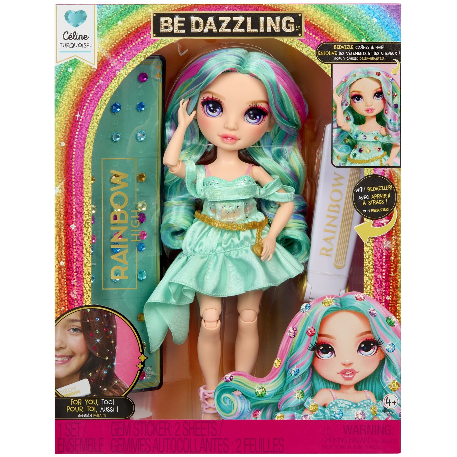 Rainbow high be dazzling - celine turquoise - bambola fashion color verde acqua da 28 cm con decori, gemme scintillanti e accessori per lo styling - Rainbow High