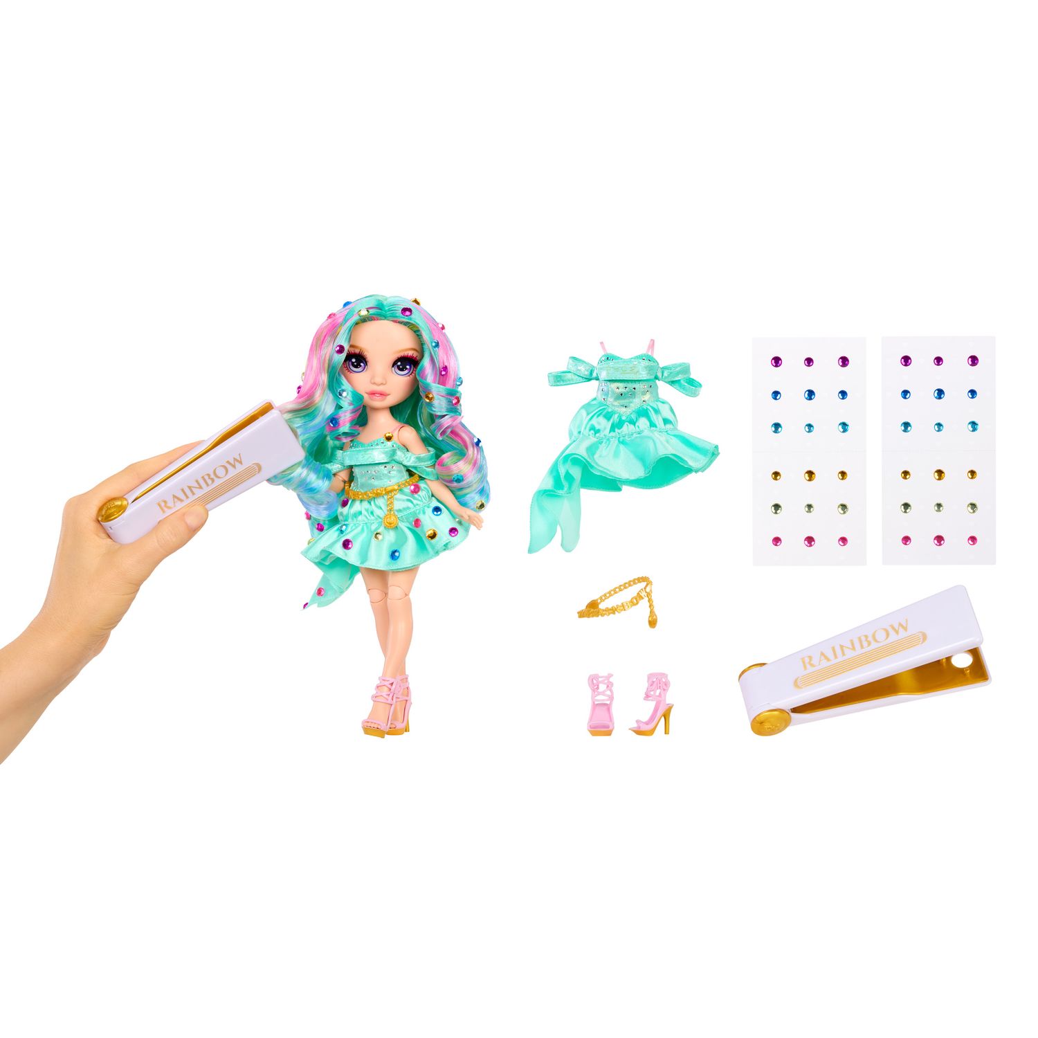 Rainbow high be dazzling - celine turquoise - bambola fashion color verde acqua da 28 cm con decori, gemme scintillanti e accessori per lo styling - Rainbow High