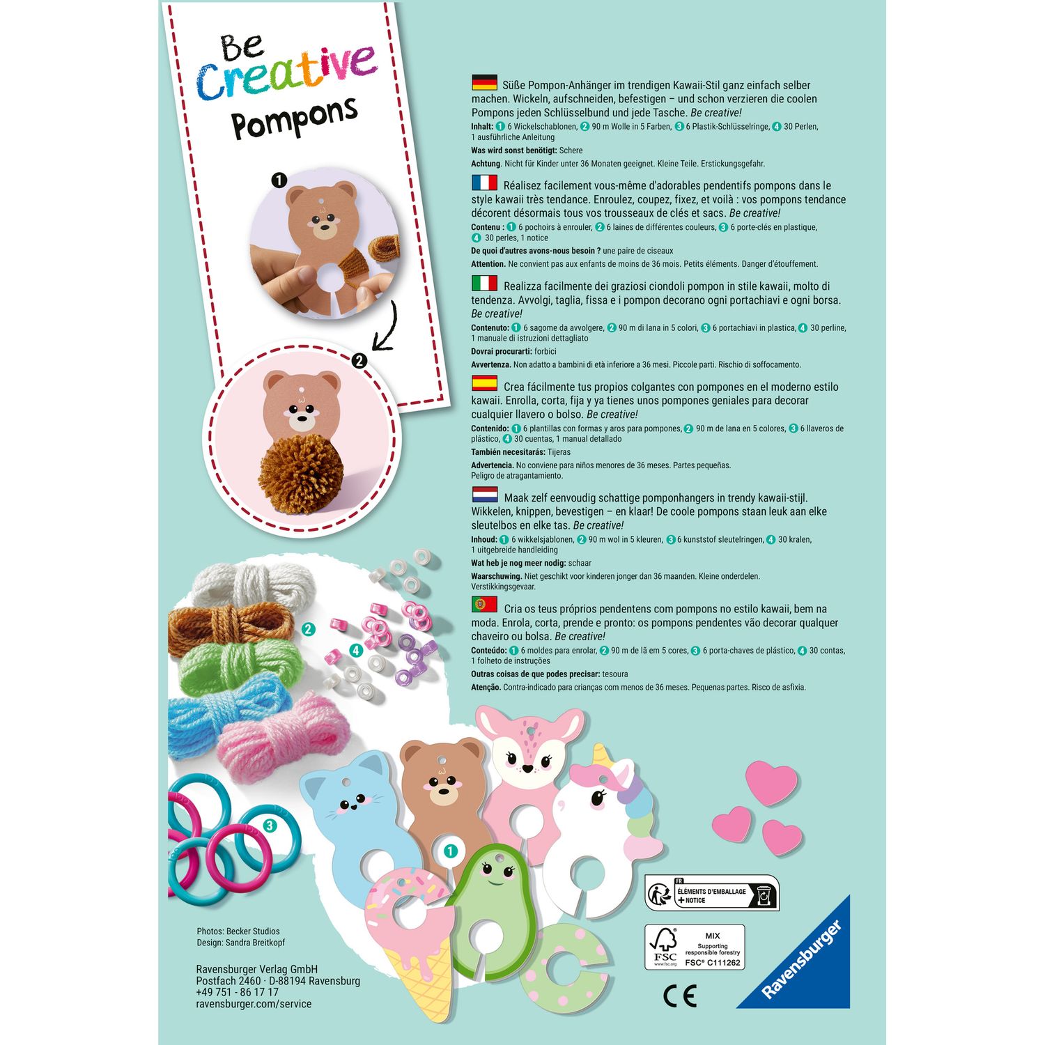 Ravensburger - be creative - be creative midi: ponpon kawaii portachiavi, giochi creativi bambini 4 anni o piú - RAVENSBURGER