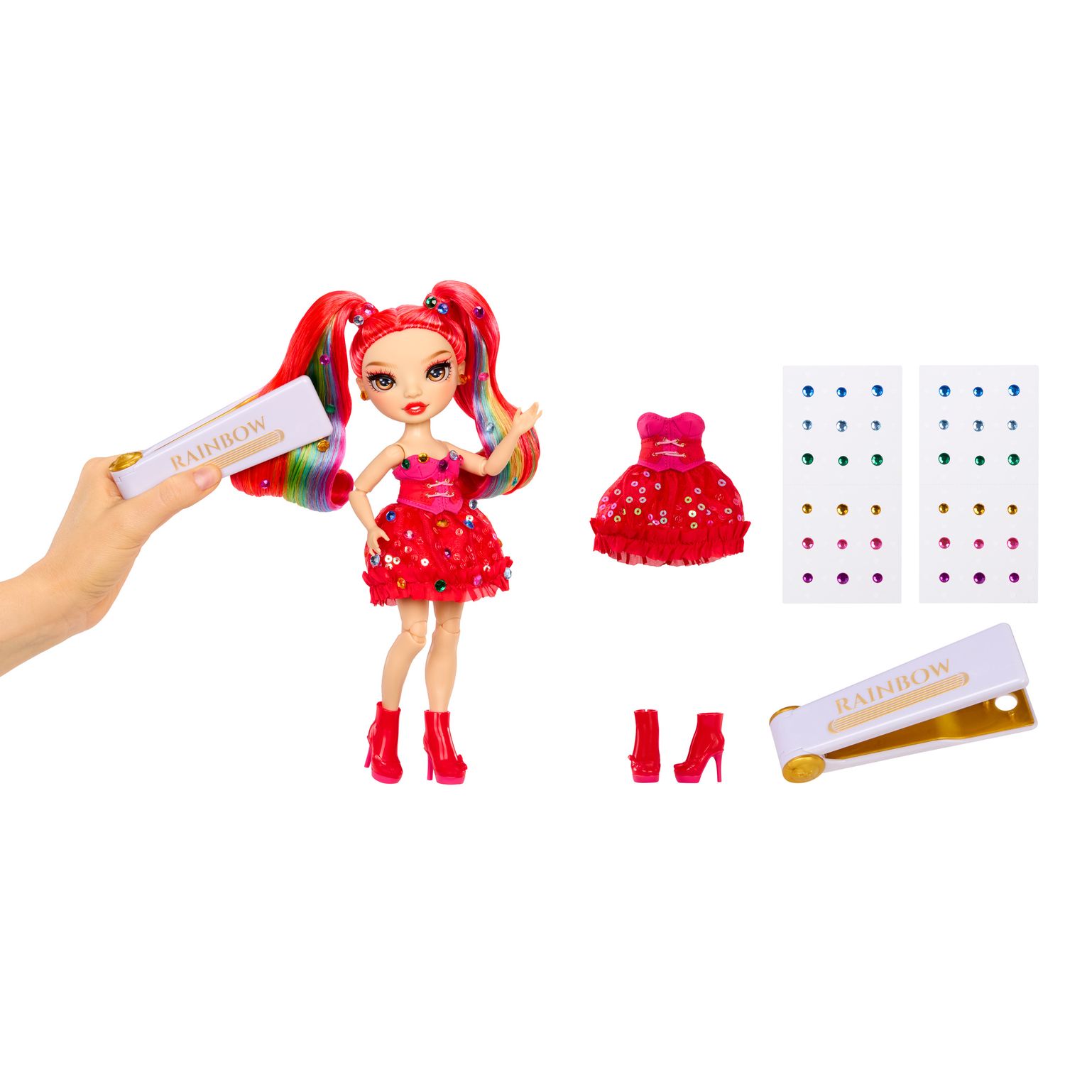 Rainbow high be dazzling - vivienne rouge - fashion doll rossa da 28 cm con decori, gemme scintillanti e accessori per lo styling - Rainbow High
