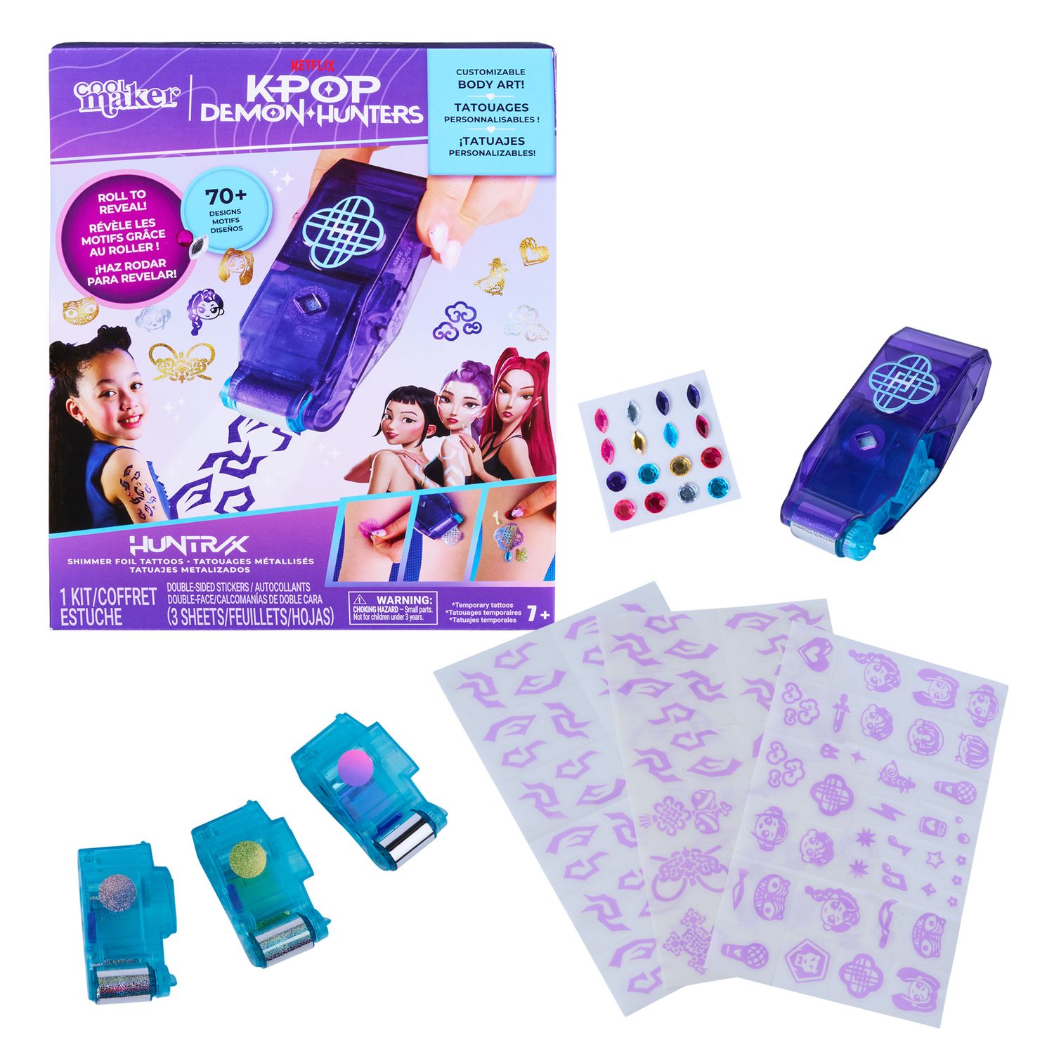 Cool maker, tatuaggi laminati scintillanti kpop demon hunters huntr/x con rullo e 3 lamine, abbina e crea oltre 70 tatuaggi temporanei , 7+ - COOL MAKER