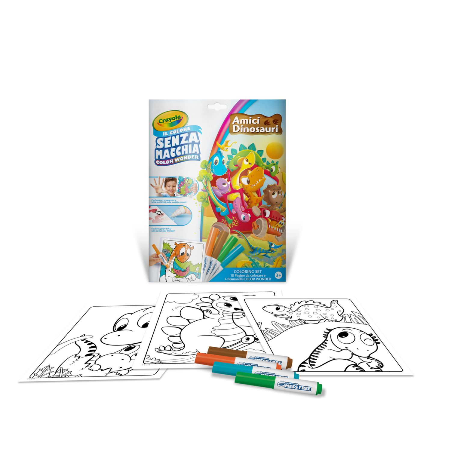 Crayola color wonder - coloring set dinosauri, 18 pagine da colorare e 4 pennarelli senza macchia - CRAYOLA
