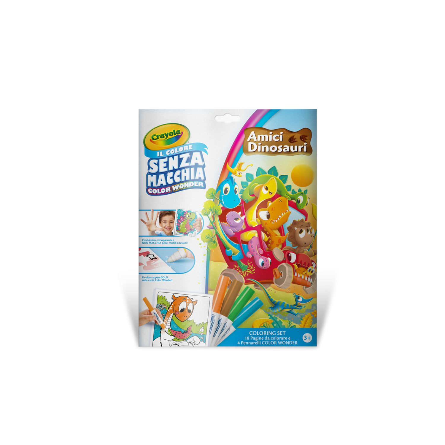 Crayola color wonder - coloring set dinosauri, 18 pagine da colorare e 4 pennarelli senza macchia - CRAYOLA