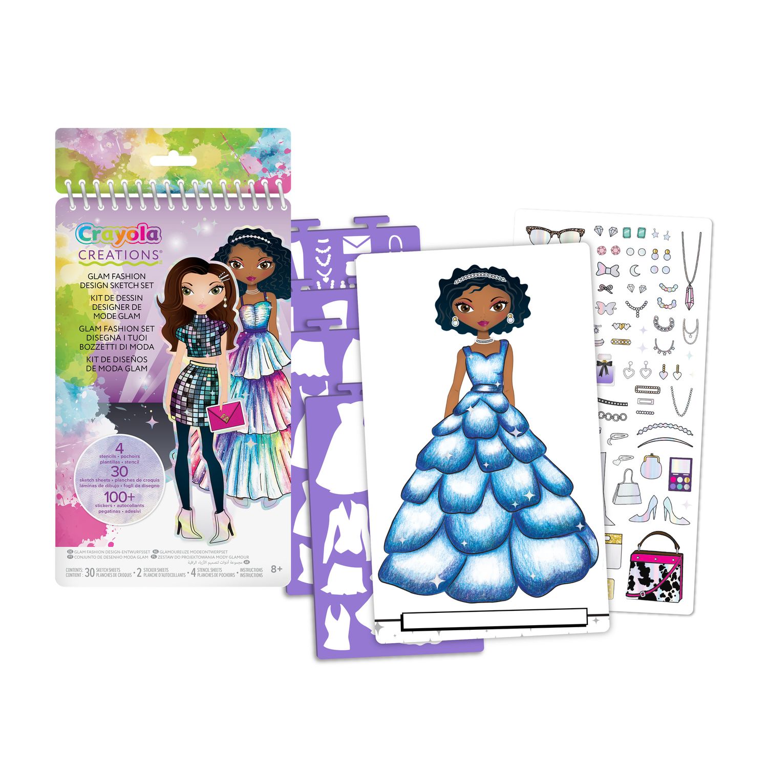 Crayola creations - set da disegno glam fashion, album 30 pagine con 4 stencil e 100+ adesivi - CRAYOLA