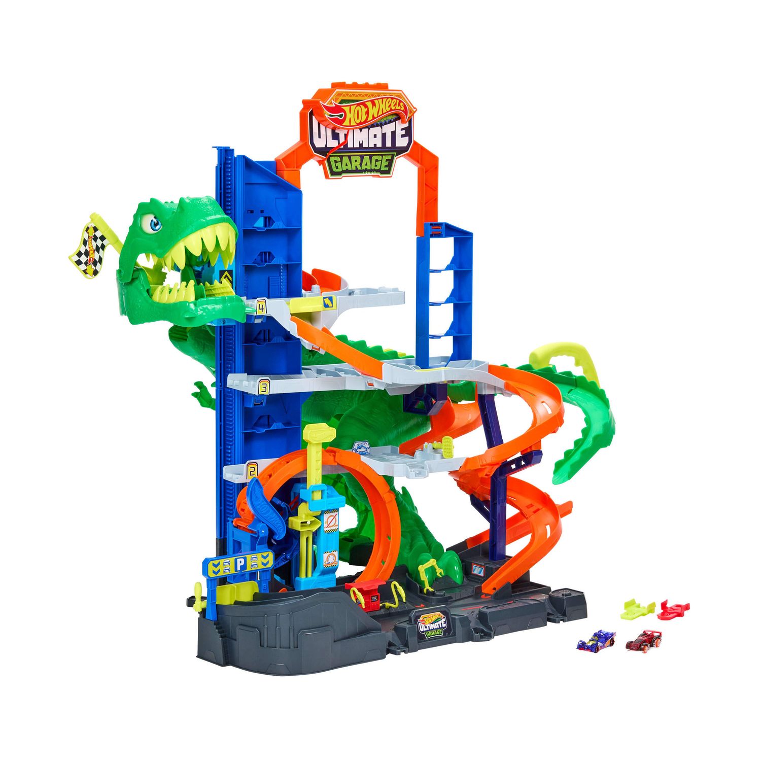 Hot wheels city, pista e playset mega garage del t-rex - Hot Wheels
