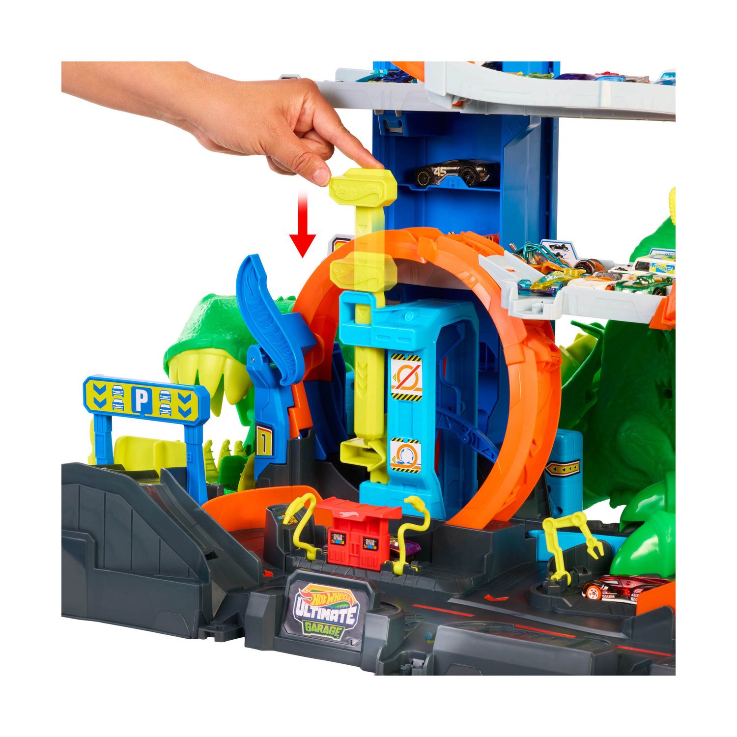 Hot wheels city, pista e playset mega garage del t-rex - Hot Wheels